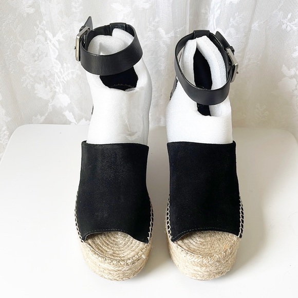 MARC FISHER Adalyn Black Leather/Suede Jute Wedge Platform Sandals 10 - Picture 6 of 13